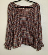 Burgundy Multicolor Plaid Tartan Country Cowgirl Smocked Peasant‎ Blouse 18/20W Photo 0