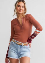 Free People Mikah Notch Neck Long Sleeve Blouse Autumn Orange Thermal Size S Photo 0