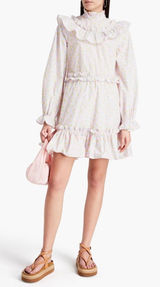 GANNI Ruffled floral-print‎ cotton mini dress Pastel Blue Pink Size 34 Photo 0