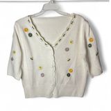 Grandmacore Floral Cardigan Sweater Womens M White Embroidered Knit V-Neck Photo 0