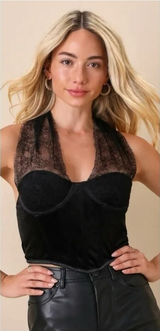 NWT‎ Lulus Flirty Influence Lace Velvet Bustier Halter Top S Black Coquette Photo 0