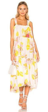 Free People Women's Moonshine Linen Blend Floral Midi Dress Neutral Boho Size M Photo 0