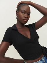 Reformation Sidra Knit Top Black Ribbed Wrap‎ Cropped Short Sleeve Small S USA Photo 0