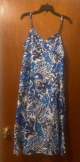 By & By Large Blue & White Tropical Print Dress Photo 0