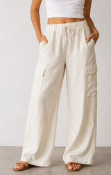 Calvin Klein Ivory Linen Blend Pull On Wide Leg Cargo Pants Photo 0