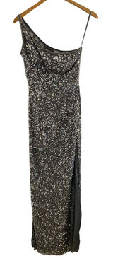 Scala One Shoulder Silver form fitting dress‎ with high slits size MED Photo 0