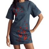 VICI Denim Heart Embroidered Mini Dress Blue Short‎ Sleeve Sz XS Valentine Art Photo 0