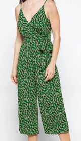 Stitch Fix Kaileigh‎ Rica Green Abstract Cropped Jumpsuit Large Tie Belt Strappy Photo 0