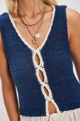 Free People XS Sicily Sweater Shell Navy Nautical Beach Coastal Knit Relaxed Photo 0