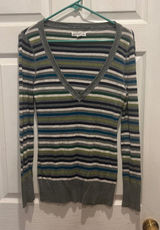 Aeropostale Womens Striped V Neck Long Sleeve Top Gray Green Blue Large Photo 0
