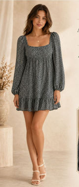 Abercrombie‎ & Fitch Green Ditsy Floral Square-Neck Long Sleeve Mini Dress Photo 0