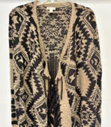 Cato Womens Beige Black Gold Metallic Open Front Cardigan Geometric Tassel Drape Photo 0