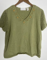 Alfred Dunner VTG Green Crochet Beaded Floral Sweater Top Coastal Grandmacore Cottage Boho 70s Photo 0