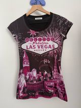Y2K Small Las Vegas Print Short Sleeve Tee Black Pink Slim Fit Photo 0