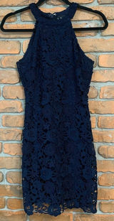 Lulus Love Poem Lace Halter Dress Womens Small Navy Floral Sleeveless Cocktail‎ Photo 0