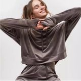 OFFLINE by Aerie Velour Cropped Hoodie Gray Thumbhole Pullover Sweatshirt Small Photo 0