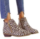 Women's Leopard Chunky Heels Ankle Boots Booties Round Toe Retro Party Shoe 7.5 Photo 0