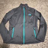 The North Face Womens L Grey Teal Full Zip Fleece Lined Jacket Mock Neck Snag Photo 0