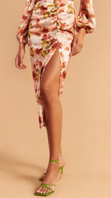 Abercrombie‎ & Fitch Womens Floral Ruched Satin Side Slit Midi Skirt Orange Photo 0