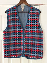 Koret City Blues‎ Vintage Woven Denim Vest Plaid Gingham Lattice Button Front L Photo 0