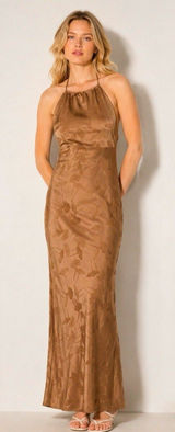 a new day Brown Floral formal Halter Sleeveless Maxi Dress size M satin Photo 0