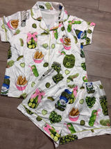 NIB- Pickle Print Pajama Set Women Medium White Green Short Sleeve/Shorts Photo 0