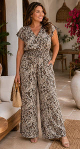 MSK Jumpsuit Womens L Black Beige Paisley Wide Leg Smocked Waist Boho Photo 0