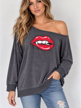 LoveSick Gray Vampire Lips Fangs Off Shoulder Sweatshirt Size 2X Halloween Photo 0