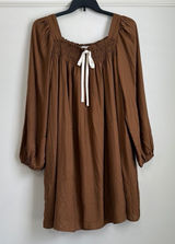 in february Sepia Brown Smocked Babydoll Knee-Length Dress Pockets NWT Size L Photo 0