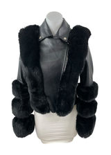 Women's Black Faux Fur Trim Faux Vegan Leather Crop Moto Biker Coat Jacket Sz S Photo 0