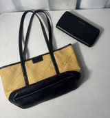 Cole Haan Purse &‎ Wallet Woven Straw Black Faux Leather Shoulder Floral Accents Photo 0