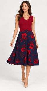 Sachin & Babi Crossover Red Knit Navy Floral Fit Flare Midi Dress Size 2 Photo 0