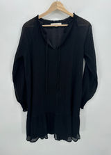 Loft Pleated Tie Neck Dress Womens Medium‎ Black Long Sleeve Knee Length BW18 Photo 0