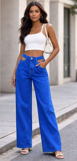 ZARA Cutout Waist Wide Leg Jeans Blue High Rise Size 0 Trendy Statement Denim Photo 0