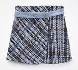 ZARA Mini Skirt Tweed Denim‎ Waist Women XL Blue White Plaid Wrap NWT Photo 0
