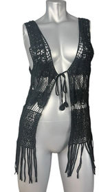 Black Crochet Fringe Vest Boho Chic Fairycore Knit Festival Tassels Badass Small Photo 0