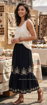 Bila Rayon Black Embroidered Tiered Bohemian Skirt Sequins Large Photo 0