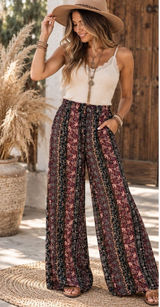 dressbarn Burgundy & Black Boho Wide-Leg Paisley Pants Photo 0