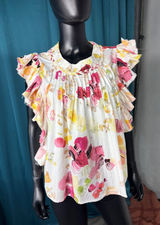 FAIRHOPE White Floral Ruffle Sleeve Pintuck Neck Blouse Women's‎ Medium Photo 0