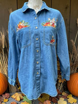 Vintage Cottagecore Autumn Embroidered Denim Shirt Harvest Teacher Western 90s M Photo 0
