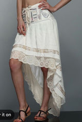 Boho Gypsy Skirt Ivory Ruffle High Low lace trim corset waist lace up sz M Photo 0