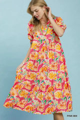 Umgee Floral Print Puff Sleeve Tiered Midi Dress - Pink Mix - Large Photo 0
