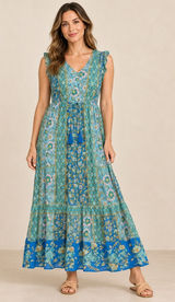 Knox Rose Blue Green Floral Patchwork Maxi Dress Sleeveless Tassel Waist Medium Photo 0