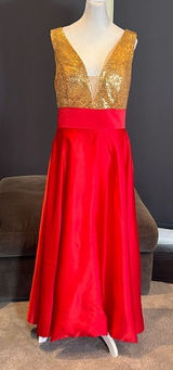 Women’s Gold Sequined Deep V-Neck Red Satin Full Length Prom Party Dress Size M Photo 0