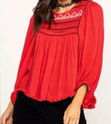 FREE‎ PEOPLE Cyprus Avenue Embroidery Red Boho Long Sleeve Top Sz XS Cottagecore Photo 0