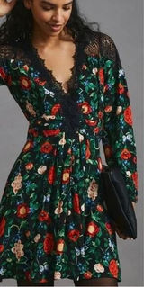 Anthropologie Black Floral Lace Trim V-Neck Long Sleeve Mini Dress 8 Whimsygoth Photo 0