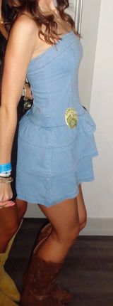 Strapless Ruffle Denim Mini Dress Blue Size XS Photo 0