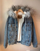 American Eagle Sherpa Lined Denim Jacket Faux Fur Hood XS Photo 0