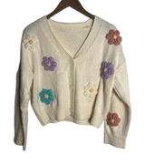 Med Cream‎ Knit Cardigan with 3D Crochet Flower Applique Cottage Boho Feminine Photo 0