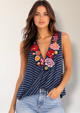 Free People XS Blue Striped Embroidered Faux Wrap‎ Tank Boho Floral Top Festival Photo 0
